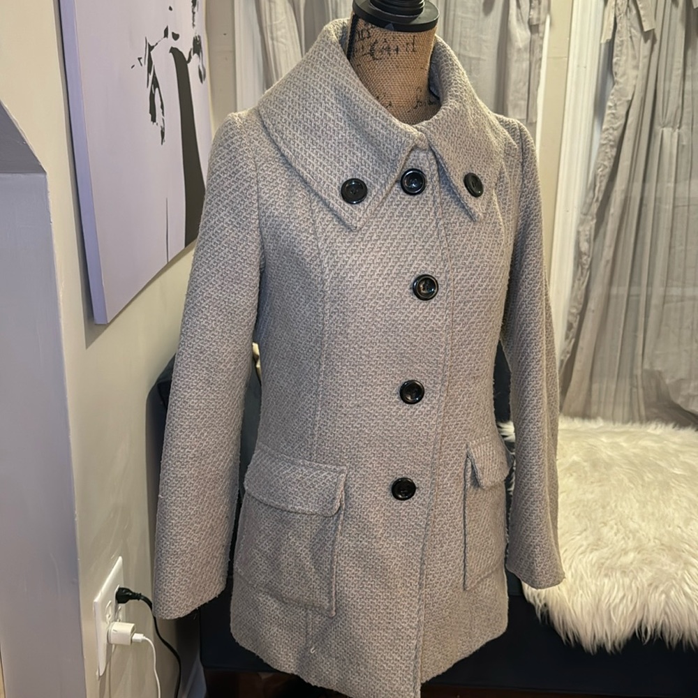 Forever 21 Tweed Tan Neutral Button Up Pea Coat Jacket Size Medium